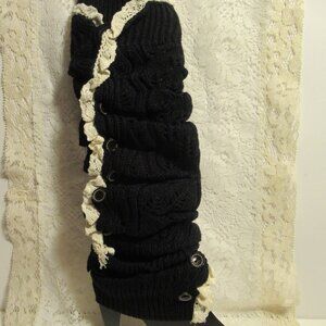 New, Black Cable Knit Leg Warmers, Ivory Lace & Button Trim Knee High Steampunk